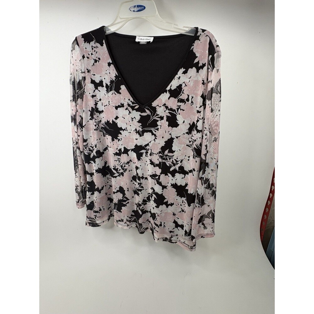 Calvin Klein Womens Blouse Medium Floral Sheer V Neck 3/4 Sleeve Top
